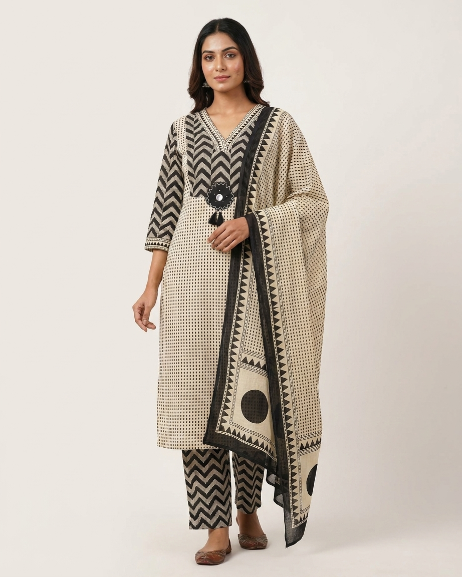 Monochrome Geometric Chevron Kurta Set with Mirror Tassel
