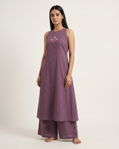 Flared A-Line Kurta Set with Floral Embroidery