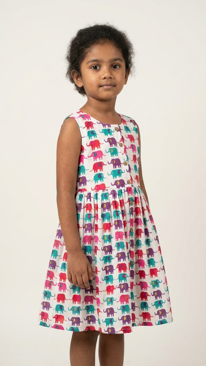 Elephant Parade: Girls' Cotton sleeveless Printed Frock