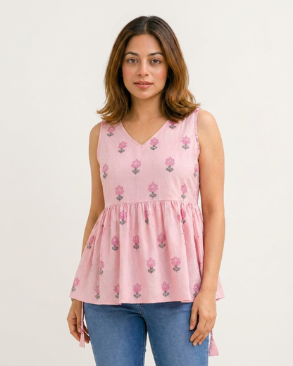 Soft Pink Floral Boota Sleeveless Peplum Top