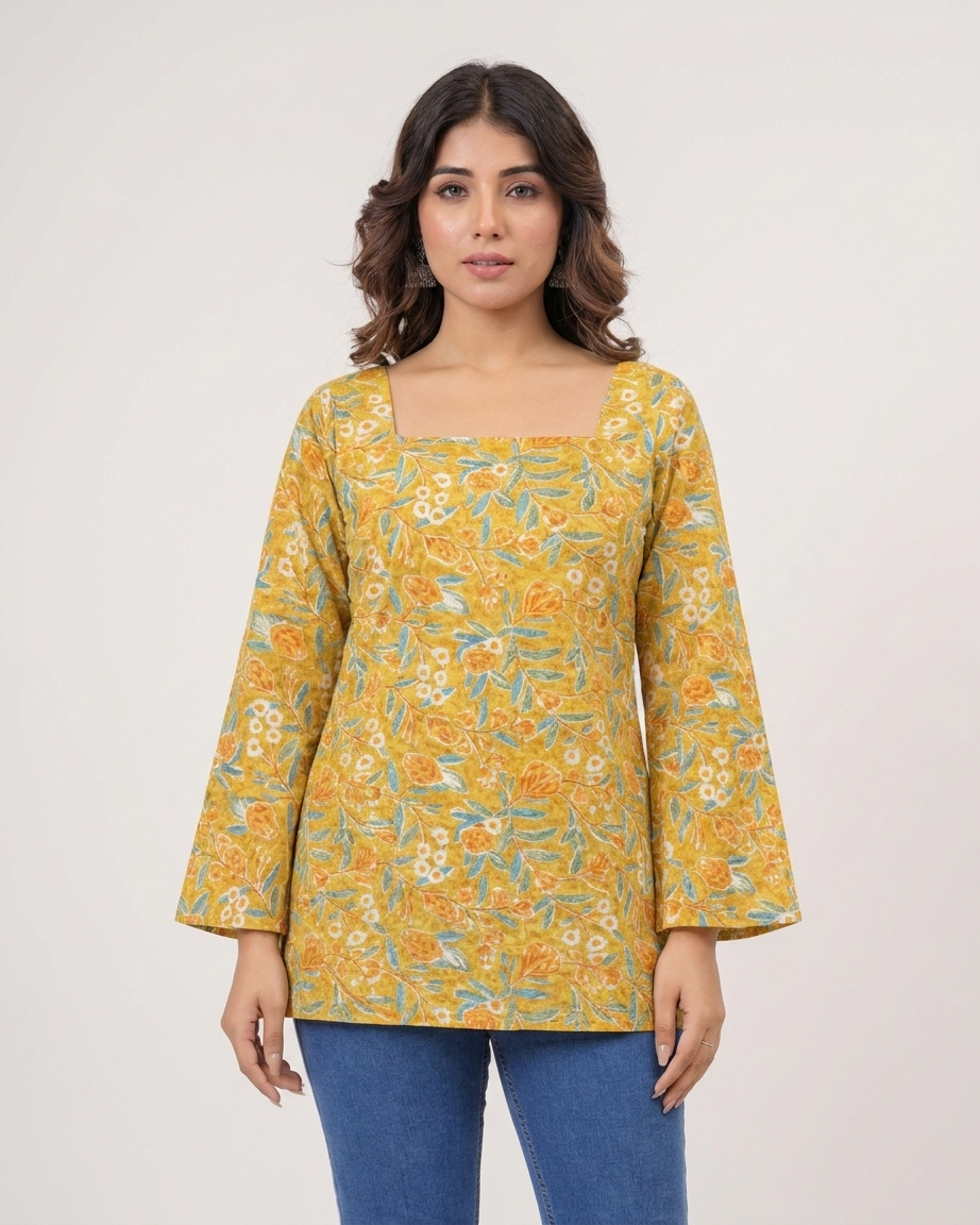 Mustard Yellow Floral Cotton Kurti with Lace-Up Back & Bell Sleeves