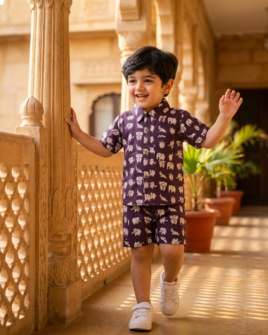Plum Elephant Print Boys' Cotton Co-ord Set: Shirt & Shorts