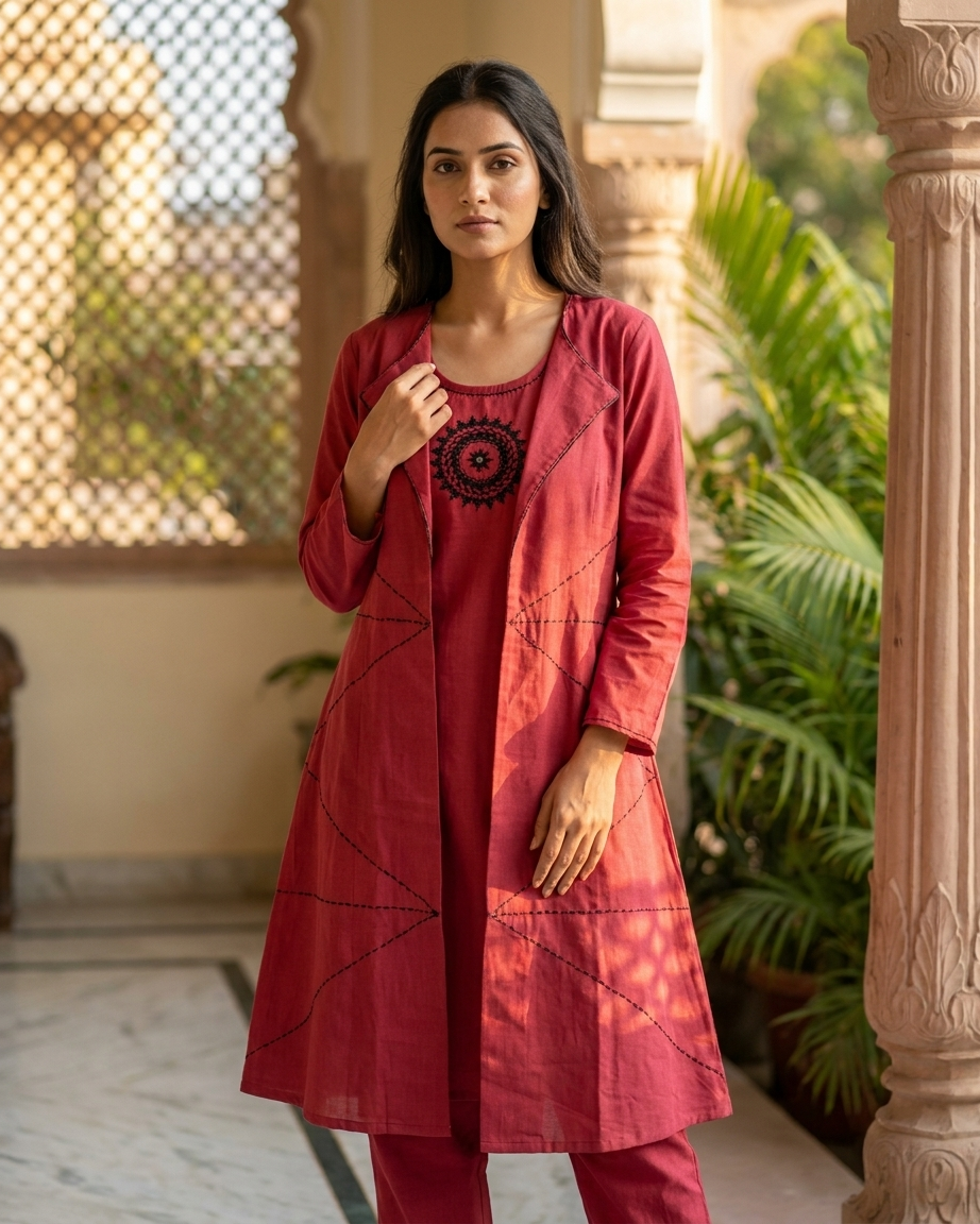 3-Piece Layered Red Jacket Kurta Set