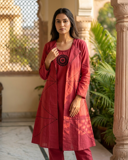 3-Piece Layered Red Jacket Kurta Set