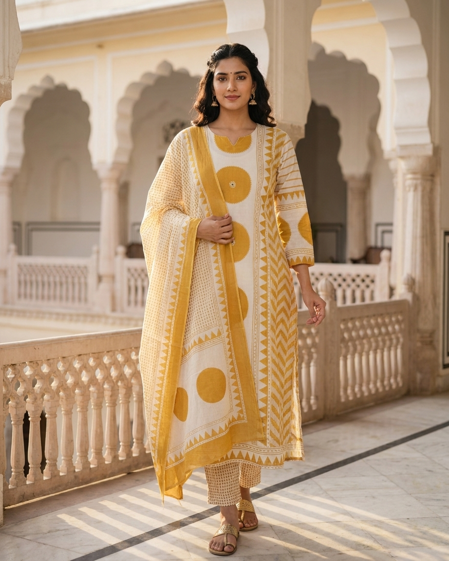 Geometric Print 3-Piece Kurta Set Mustard