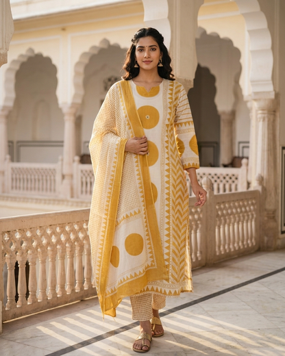 Geometric Print 3-Piece Kurta Set Mustard