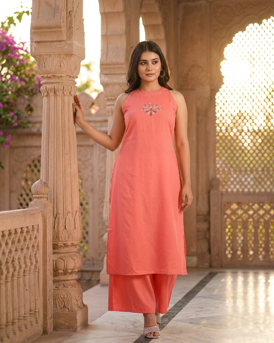 Flared A-Line Kurta Set with Floral Embroidery