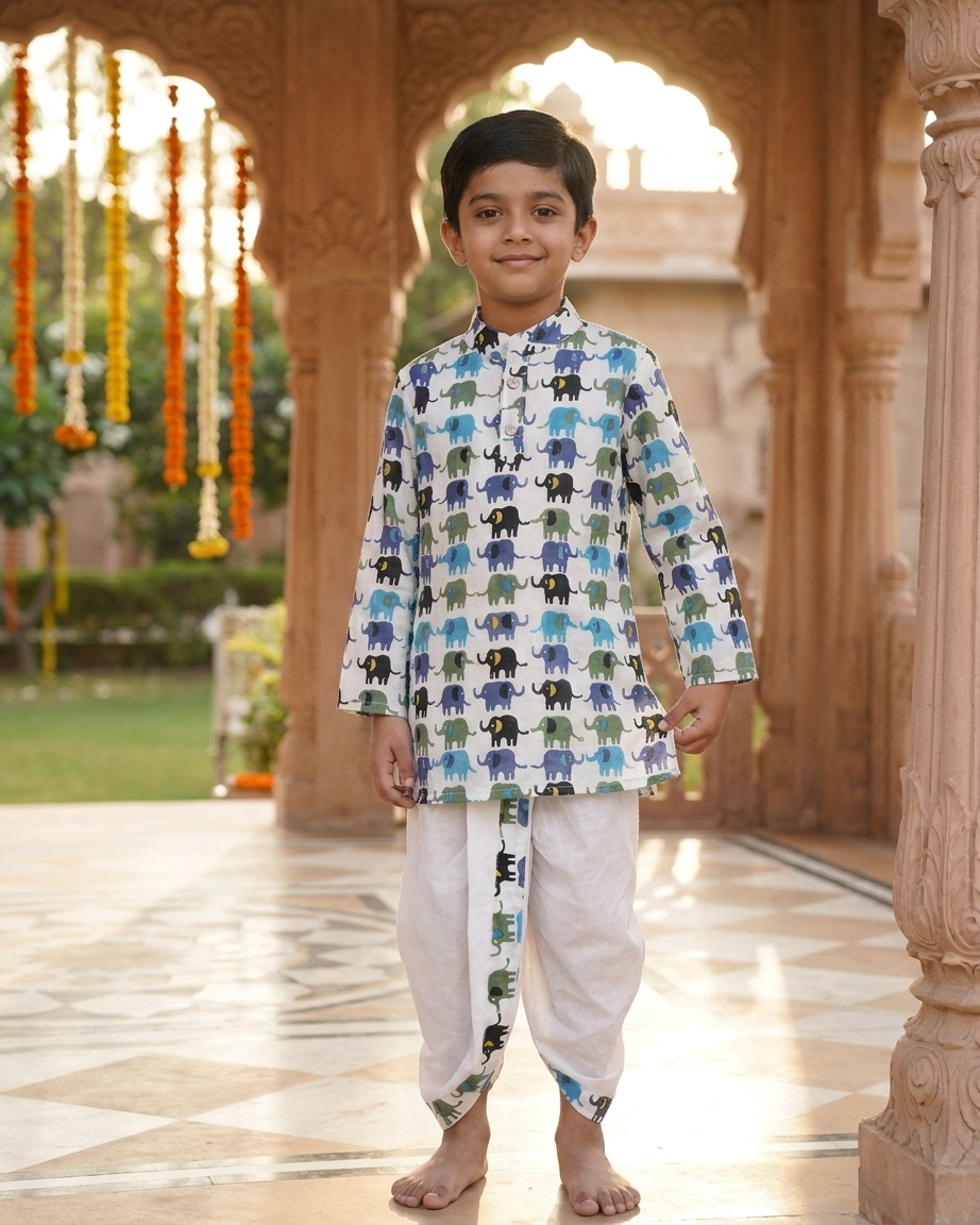 Little Explorer: Boys' Elephant Print Cotton Kurta & Dhoti Set