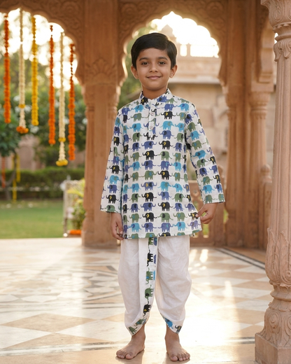 Little Explorer: Boys' Elephant Print Cotton Kurta & Dhoti Set