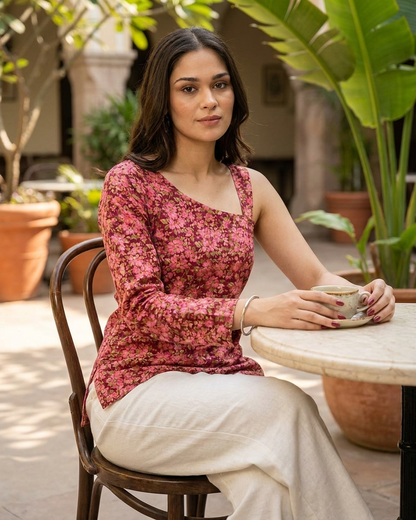 Vibrant Berry Floral Asymmetrical One-Sleeve Top