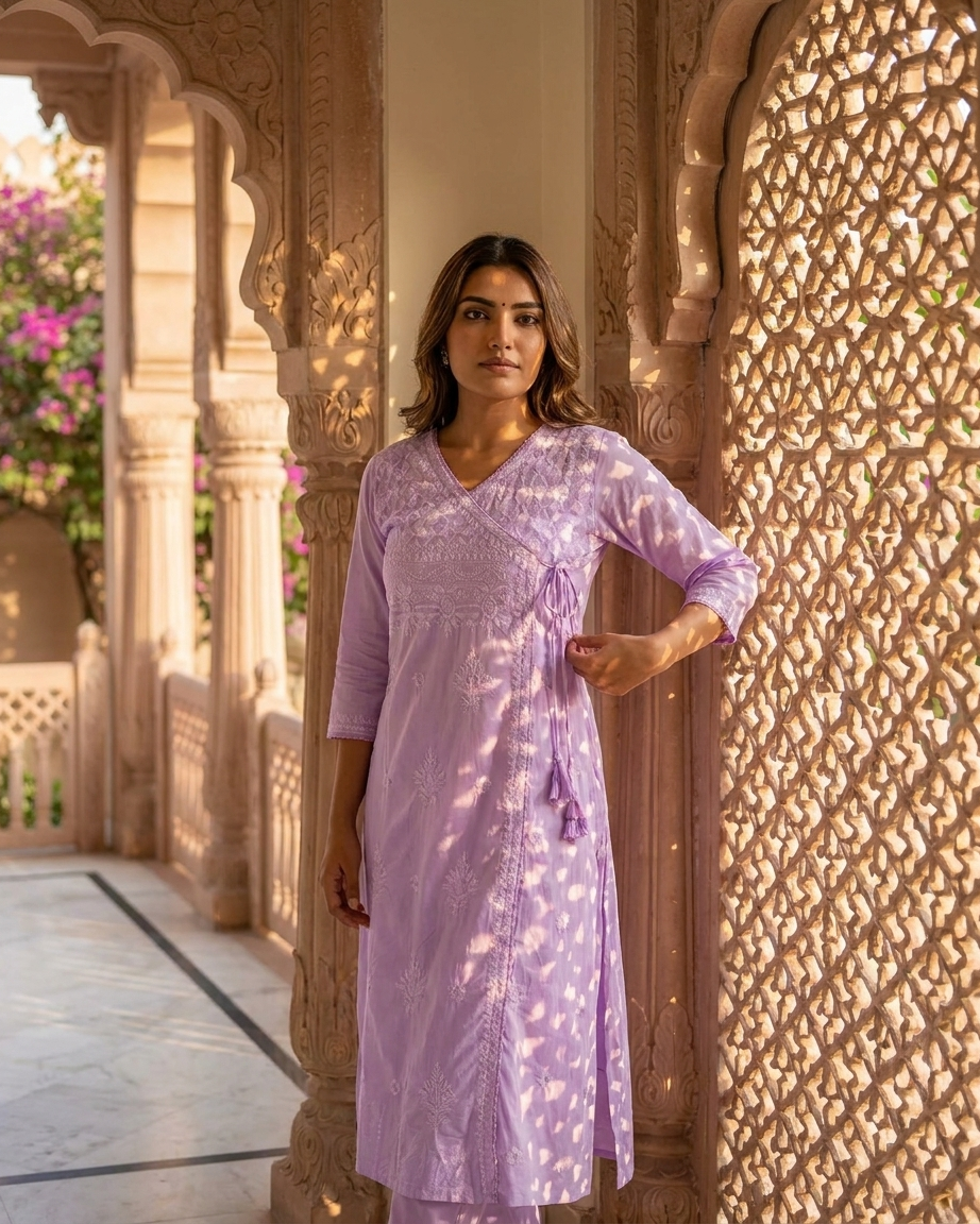 Soft Pastel Angrakha chikan kari Embroidered Kurta Set Lavender