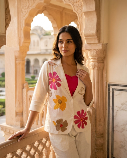 Ivory Floral Embroidered 3-Piece Blazer Co-ord Set