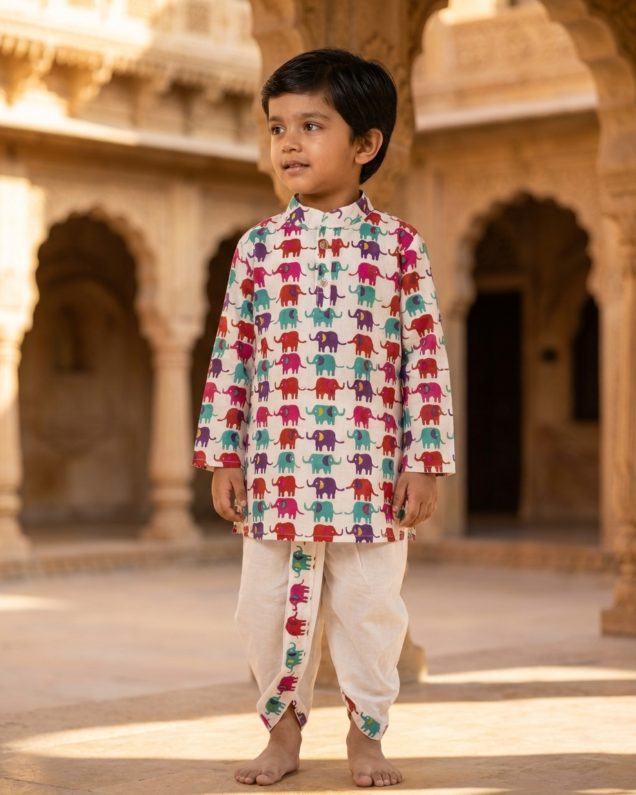 Festive Parade: Boys' Multi-Color Elephant Print Kurta & Dhoti Set