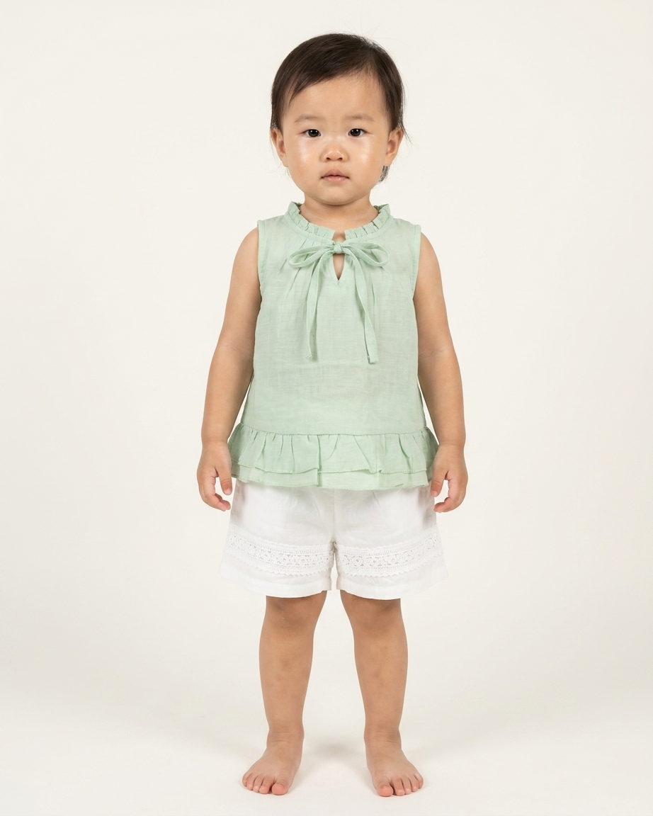 Mint Sorbet: Girls' Cotton Ruffle Top & White Lace-Bordered Shorts Set