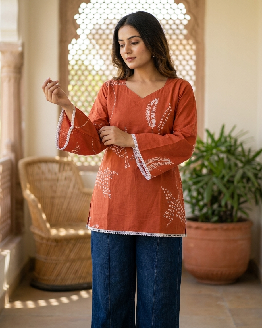 Terracotta Rust Leaf Motif Tunic with Lace Trim