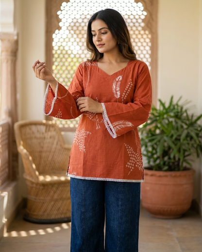 Terracotta Rust Leaf Motif Tunic with Lace Trim
