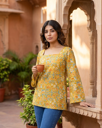Mustard Yellow Floral Cotton Kurti with Lace-Up Back & Bell Sleeves