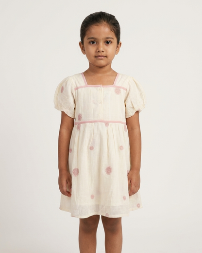 Blush Meadow: Toddler Girls' Cream Embroidered Cotton Dress with Puff Sleeves