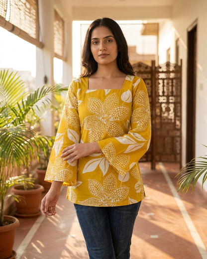 Golden Mustard Floral Corset-Back Tunic