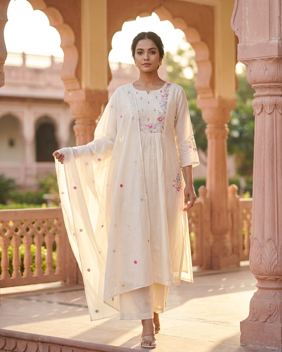 Ivory Pastel Floral Embroidered Gathered Kurta Set