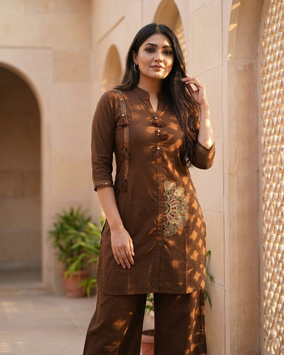Elegant Front-Button Tassel Kurta with Mandala Embroidery