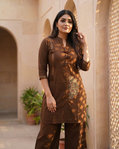 Elegant Front-Button Tassel Kurta with Mandala Embroidery