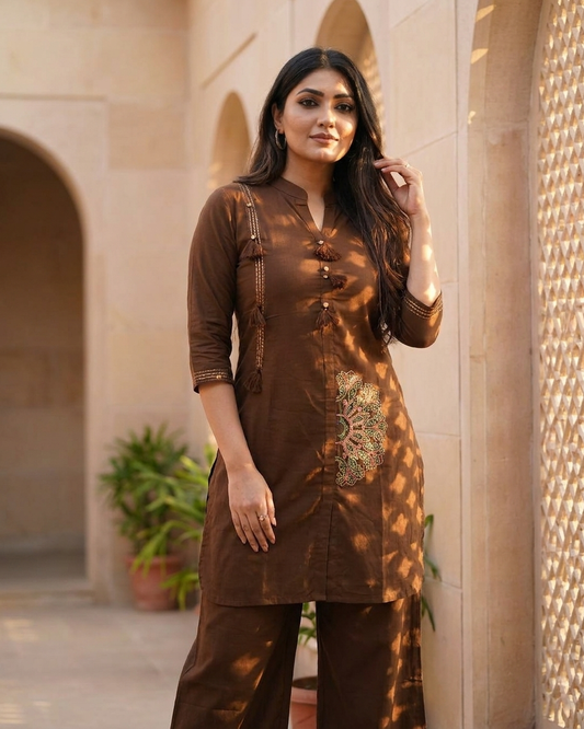 Elegant Front-Button Tassel Kurta with Mandala Embroidery