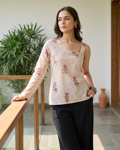 Oatmeal Asymmetrical One-Sleeve Floral Boota Top