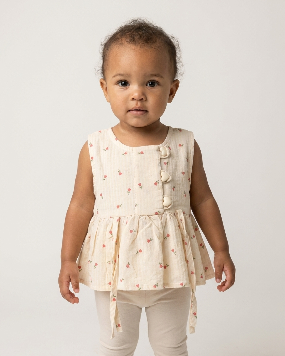 Blush Blooms: Toddler Girls' Cream Peplum Top with Heart Buttons & Side Ties