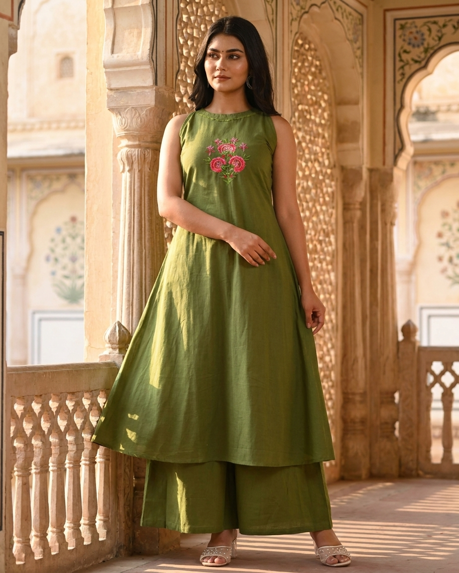 Olive Green Flared A-Line Kurta Set with Floral Embroidery