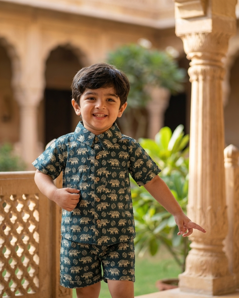 Deep Teal Elephant Motif Boys' Cotton Co-ord Set: Shirt & Shorts