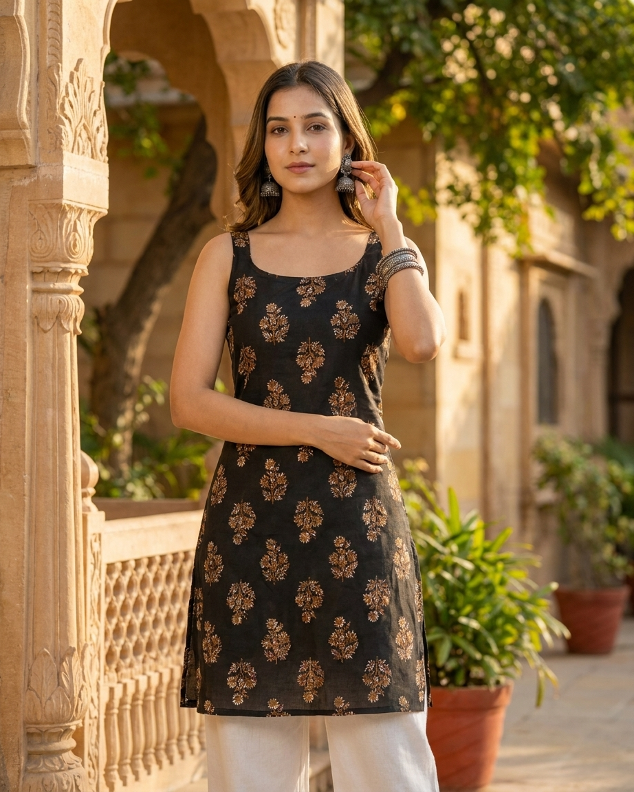 Golden Floral Boota Print Black Sleeveless Short Kurti
