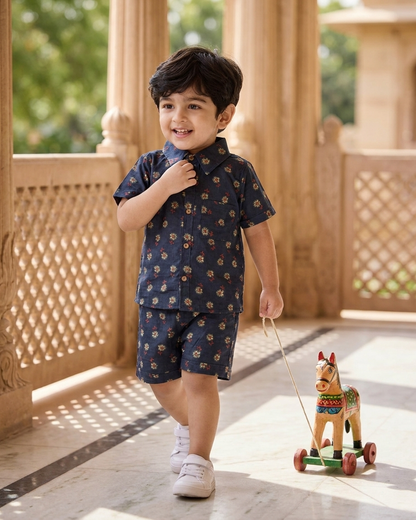 Midnight Floral Boota Boys' Cotton Co-ord Set: Shirt & Shorts