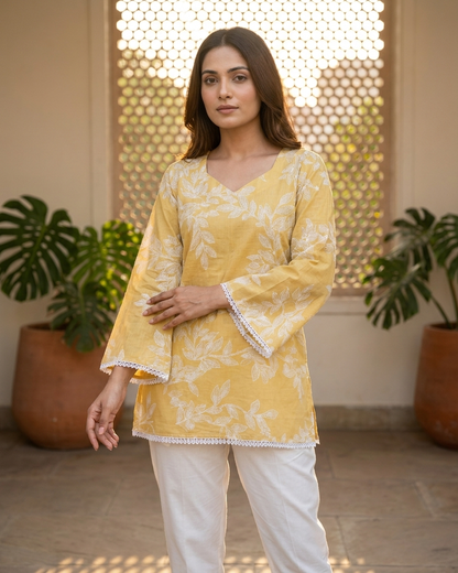 Soft Mustard Yellow Botanical Tunic Top with Lace Trim