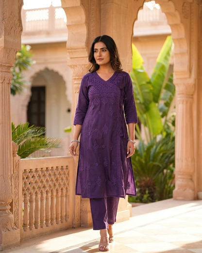 Soft Pastel Angrakha chikan kari Embroidered Kurta Set in Purple