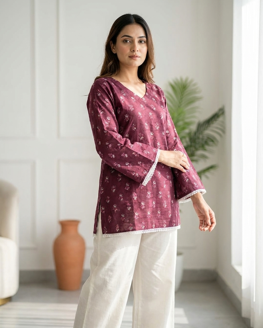 Deep Plum Floral Boota Tunic with Lace Trim