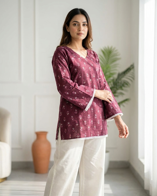 Deep Plum Floral Boota Tunic with Lace Trim