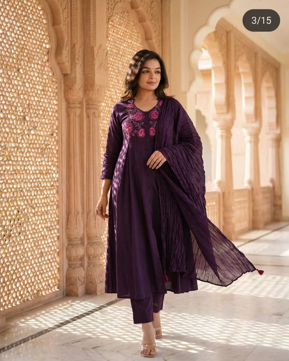 Embroidered Gathered Kurta Set with Crinkled Dupatta