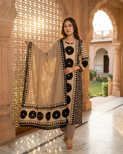 Geometric Print 3-Piece Kurta Set Black