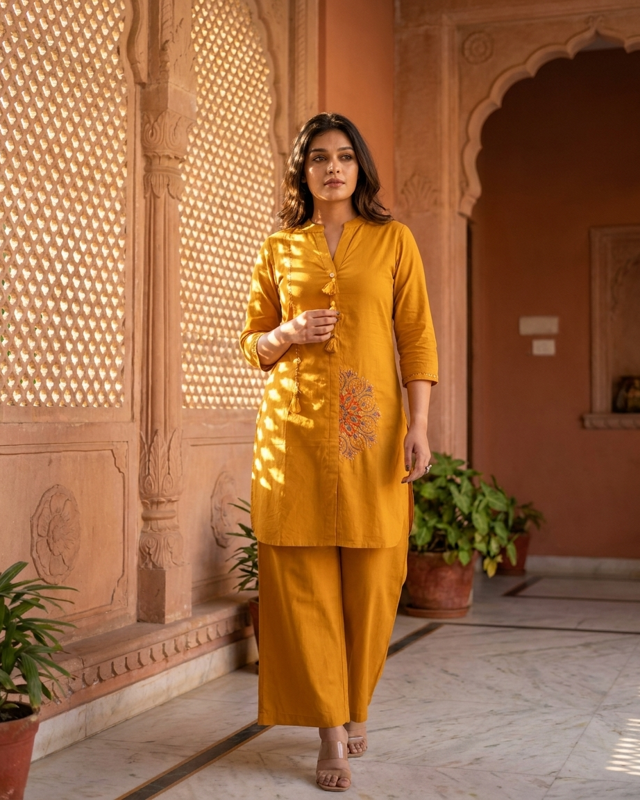 Elegant Front-Button Tassel Kurta with Mandala Embroidery