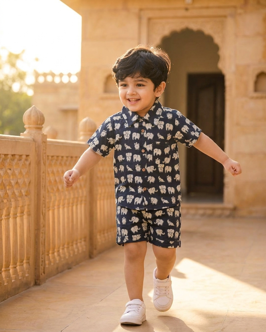 Midnight Elephant Boys' Cotton Co-ord Set: Shirt & Shorts
