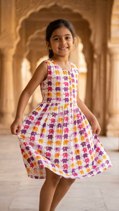 Sunset Elephant Print Girls' Cotton Sleeveless Frock
