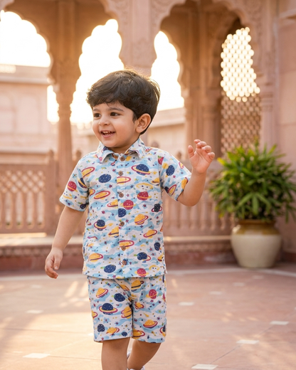 Cosmic Explorer Space Print Boys' Cotton Co-ord Set: Shirt & Shorts