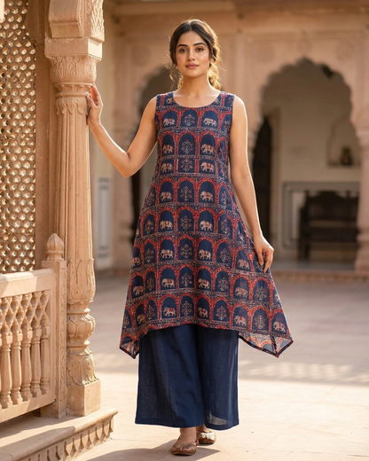 Deep Indigo Heritage Print Asymmetric Tunic Set
