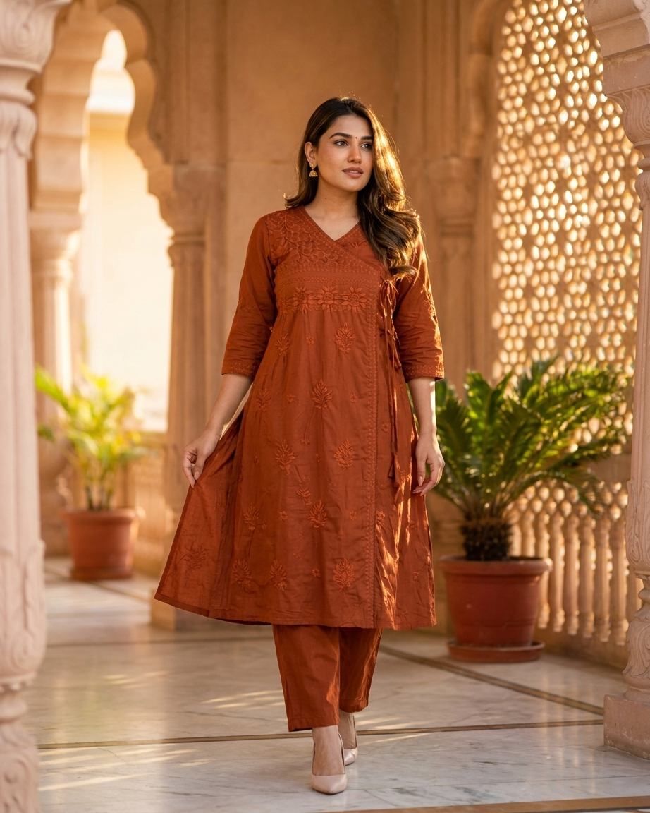 Soft Pastel Angrakha chikan kari Embroidered Kurta Set in Rust orange