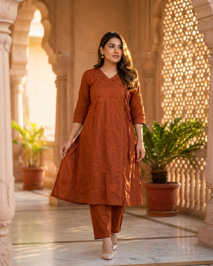 Soft Pastel Angrakha chikan kari Embroidered Kurta Set in Rust orange