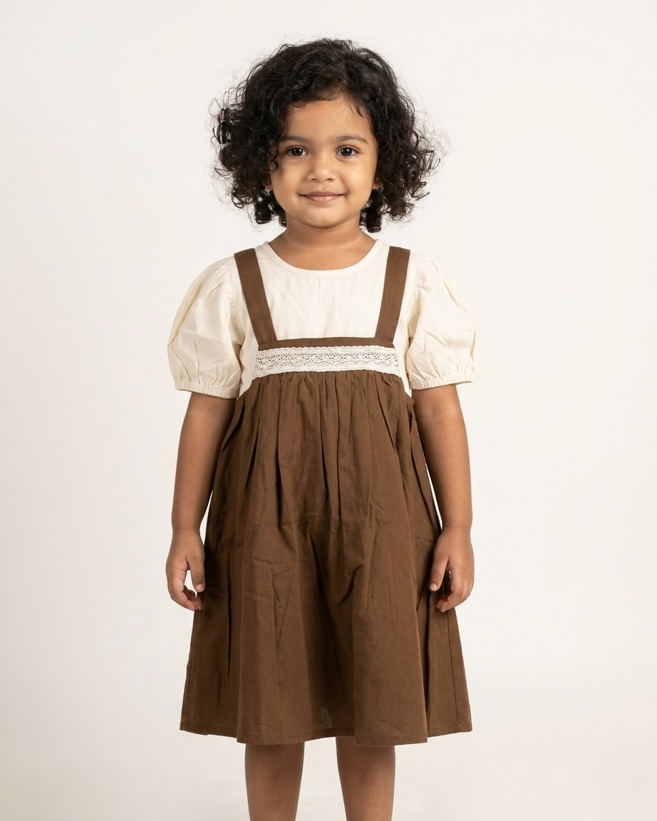 Cocoa Charm: Girls' Brown Lace-Trim Pinafore & Ivory Puff-Sleeve Blouse Set