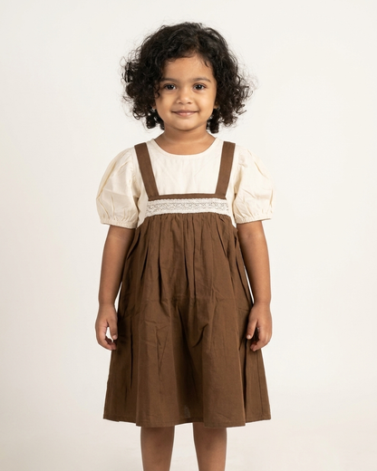 Cocoa Charm: Girls' Brown Lace-Trim Pinafore & Ivory Puff-Sleeve Blouse Set