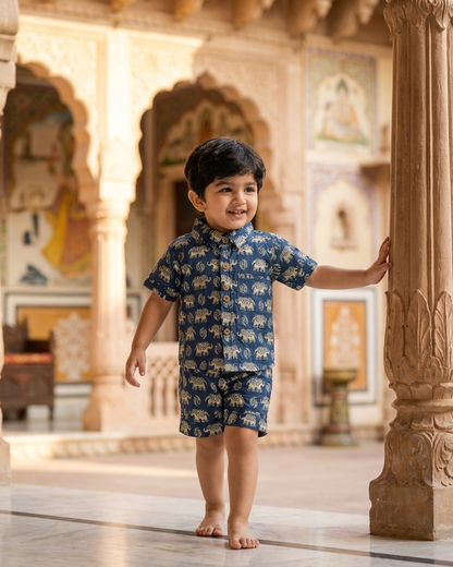 Slate Blue Elephant Motif Boys' Cotton Co-ord Set: Shirt & Shorts