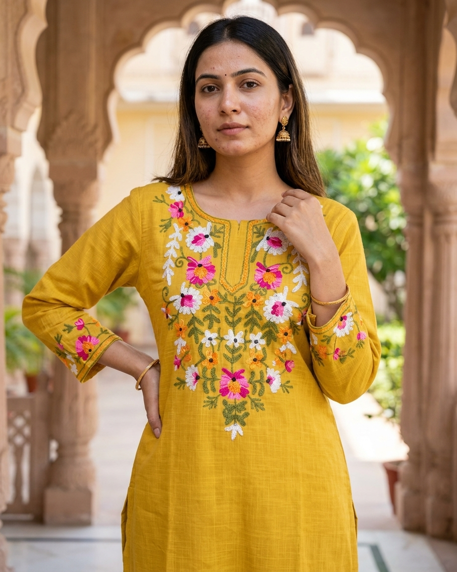 Floral Embroidered Kurta Set in Mustard yellow